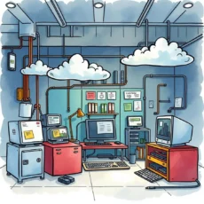 Vulnerability Categorizer tool setup in an IT department, featuring multiple computers and workstations for analysis.