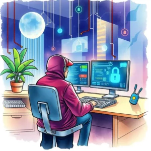 User analyzing security anomalies with dual monitors in a modern office.