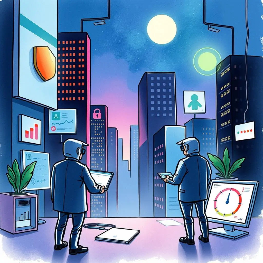 Response time estimator: Estimate response time for alerts 1 A cybersecurity team evaluates data analytics in a vibrant city setting focused on response time.