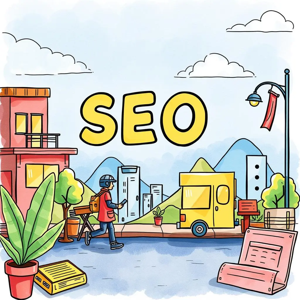 Geo-targeted content creator: Generate location-specific marketing content ideas 1 Colorful illustration of a city scene emphasizing local seo concepts.