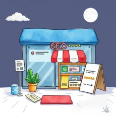 A colorful storefront with an SEO sign and customer review displays illustrates local marketing.