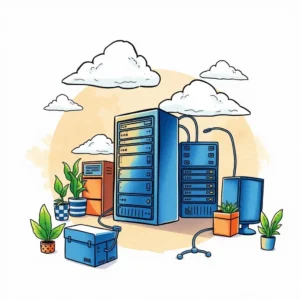 Cloud server setup illustration with plants and clouds in a tech environment