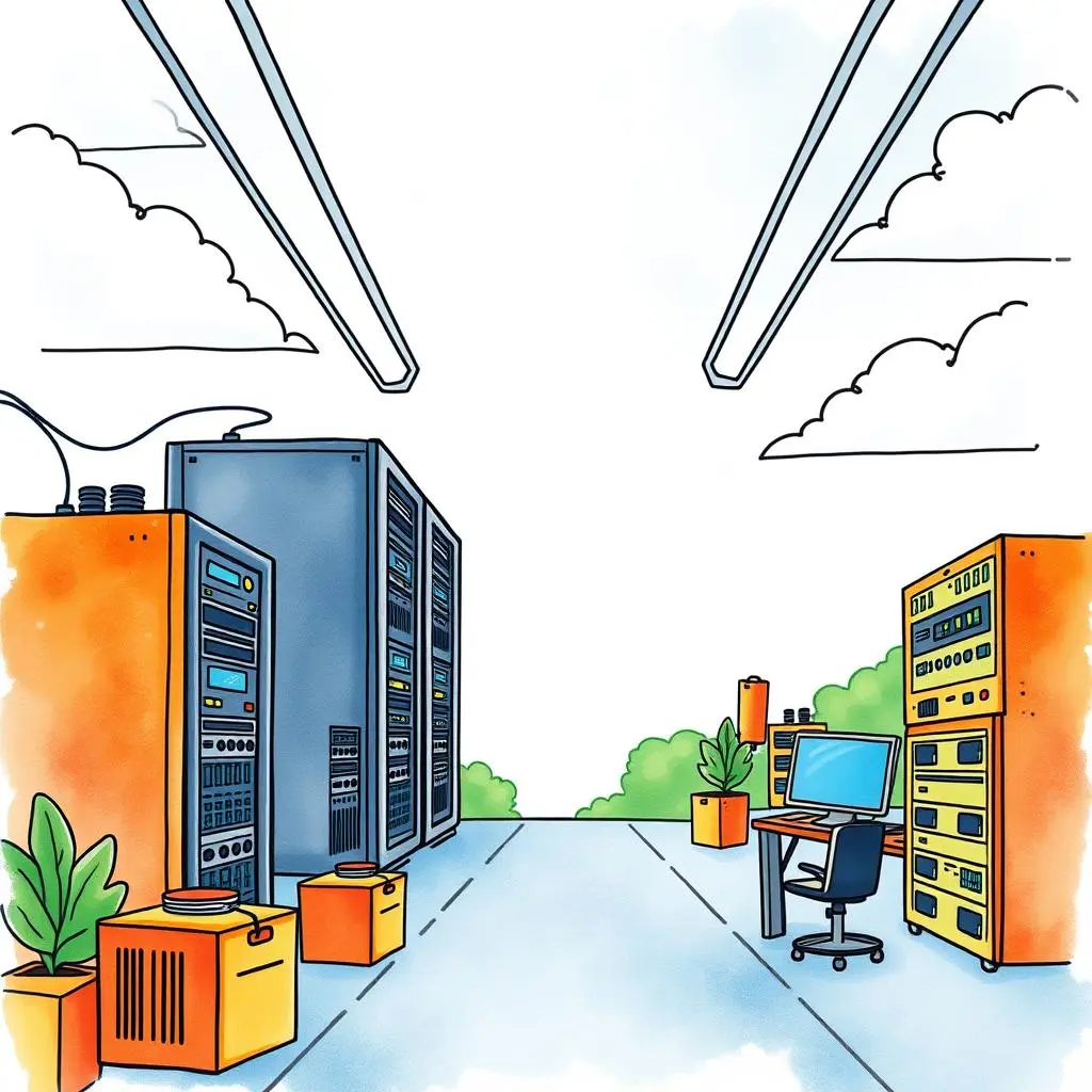 Cloud cost analyzer: Automatically generate cost assessments for cloud usage 1 Optimized Cloud Cost Analyzer Image Metadata: Server environment illustration featuring computing equipment and a desk setup for cloud cost analysis