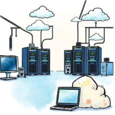 Servers transitioning to the cloud with integration workflow depicted.