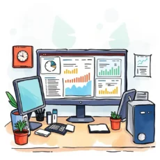 A modern workspace featuring a computer display with graphs and metrics for incident management reports