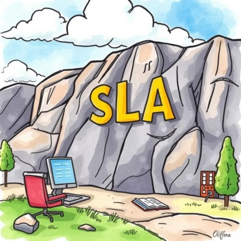 Sla gap identifier: Identify gaps in current SLA documentation 1 Illustration of a mountain labeled sla with a computer and book nearby.