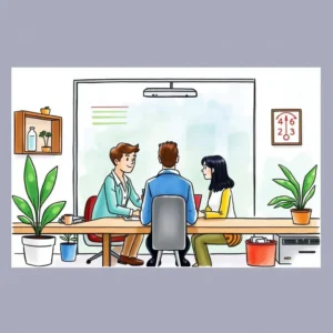 A collaborative meeting between customer service representatives discussing service recovery strategies