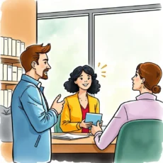 A team engages in a positive discussion about customer satisfaction recovery strategies.