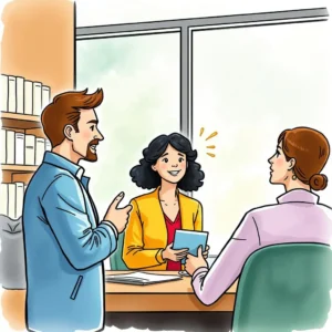 Customer satisfaction recovery dialogue builder: Develop dialogues to regain customer satisfaction during recovery 3 A team engages in a positive discussion about customer satisfaction recovery strategies.