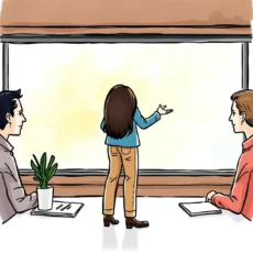 A professional discussing shareholder engagement strategies with attentive colleagues.