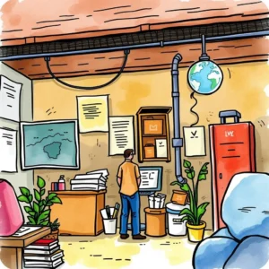 A person standing at a computer in a cluttered office with various plants and documents.