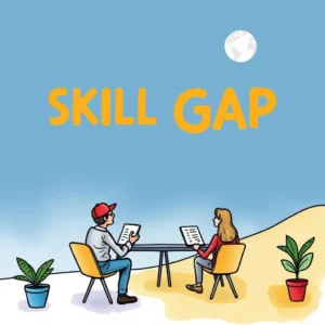 Skill Gap discussion between two employees at a table in a bright setting.