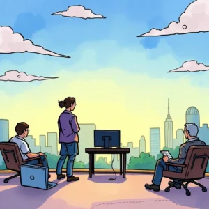 A team evaluates training needs while observing a city skyline from an office with computer equipment.