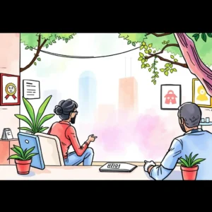A professional sitting in an office discussing feedback strategies with a colleague by a window.
