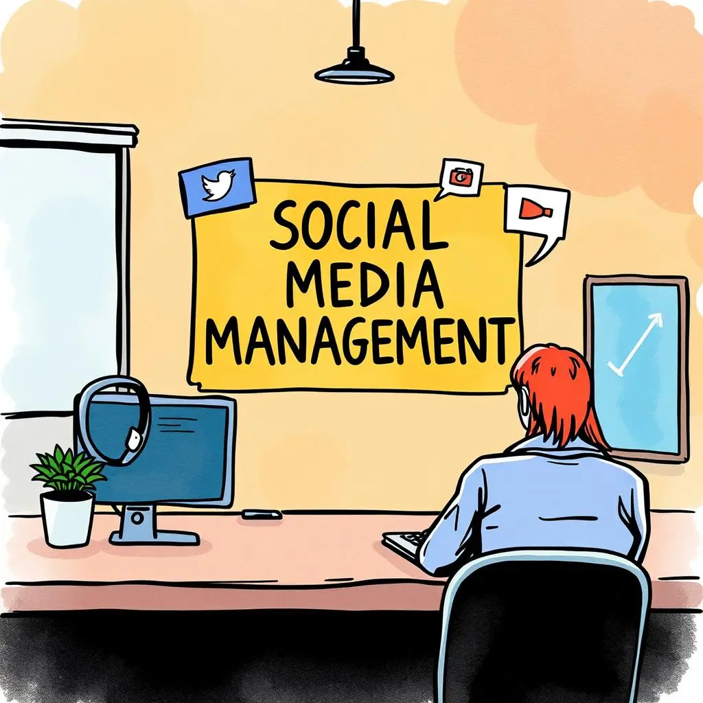A person manages social media at a desk with a "Social Media Management" banner in the background.