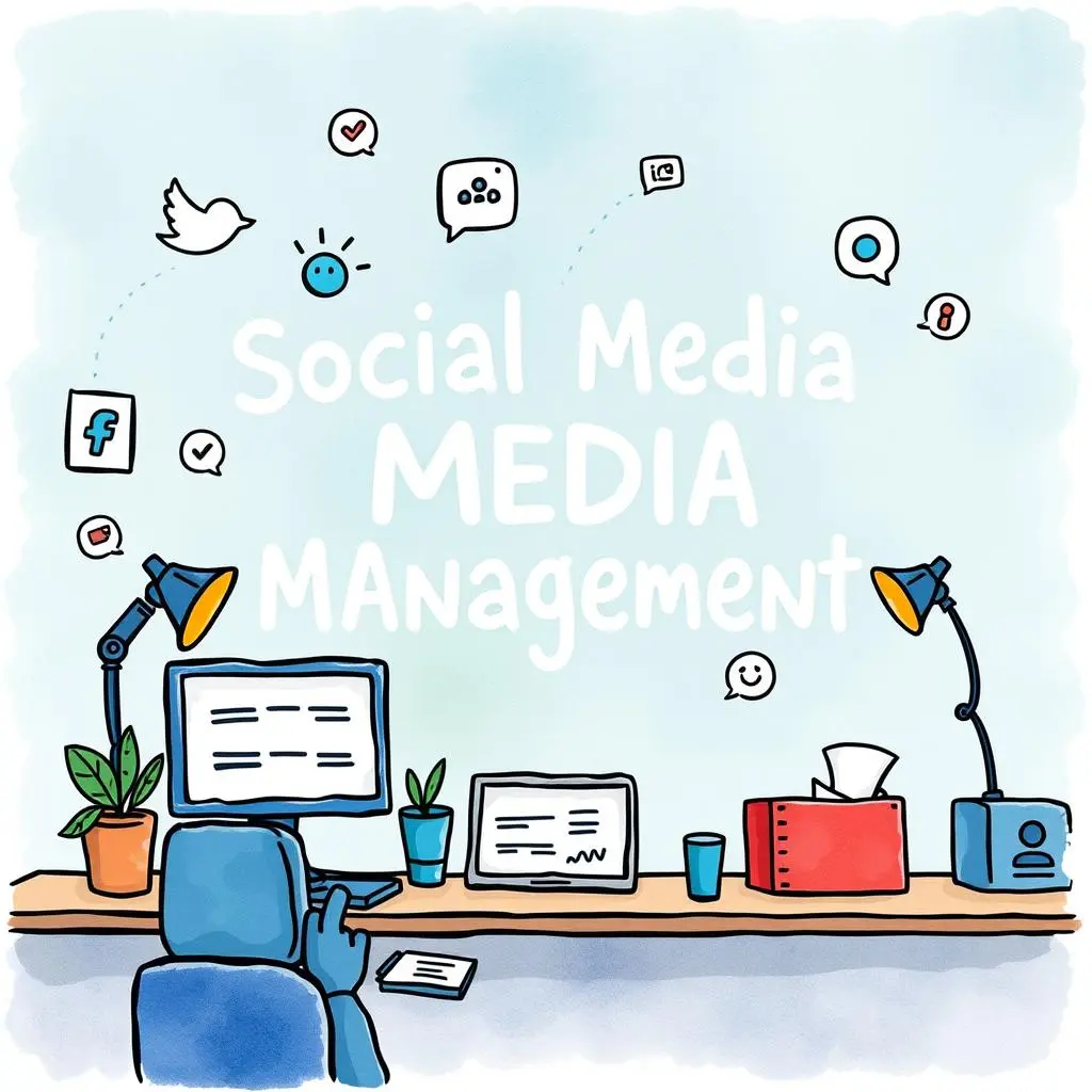 Logo language assistant: Maintain uniformity in logo-related text usage 1 Social Media Manager at a desk with logo tools and platforms visually displayed in a cheerful setting