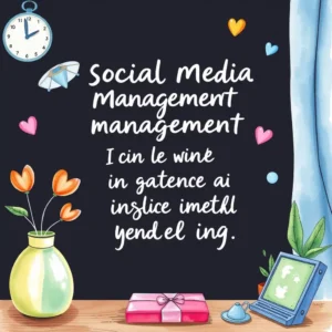 Colorful illustration featuring a chalkboard with 'Social Media Management' and decorative elements.