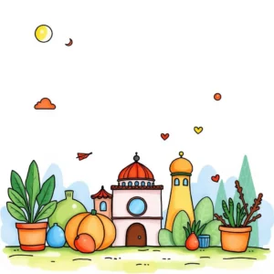 Colorful illustration of a whimsical garden with buildings and plants, ideal for creative content.