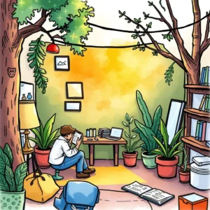 Person analyzing user engagement data in a cozy, plant-filled workspace.