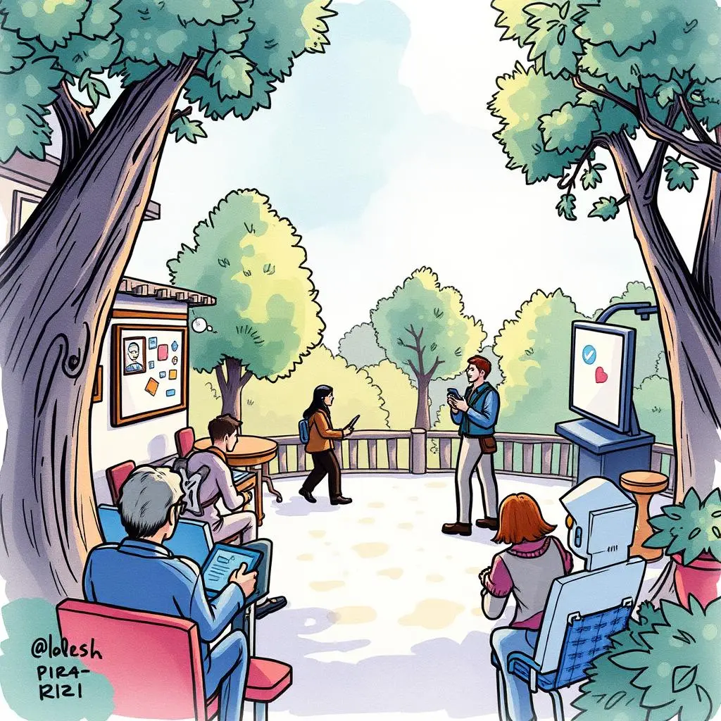 Audience interaction enhancer: Generate tailored responses to audience comments 1 A lively outdoor scene depicting individuals engaging with digital devices, showcasing audience interaction.