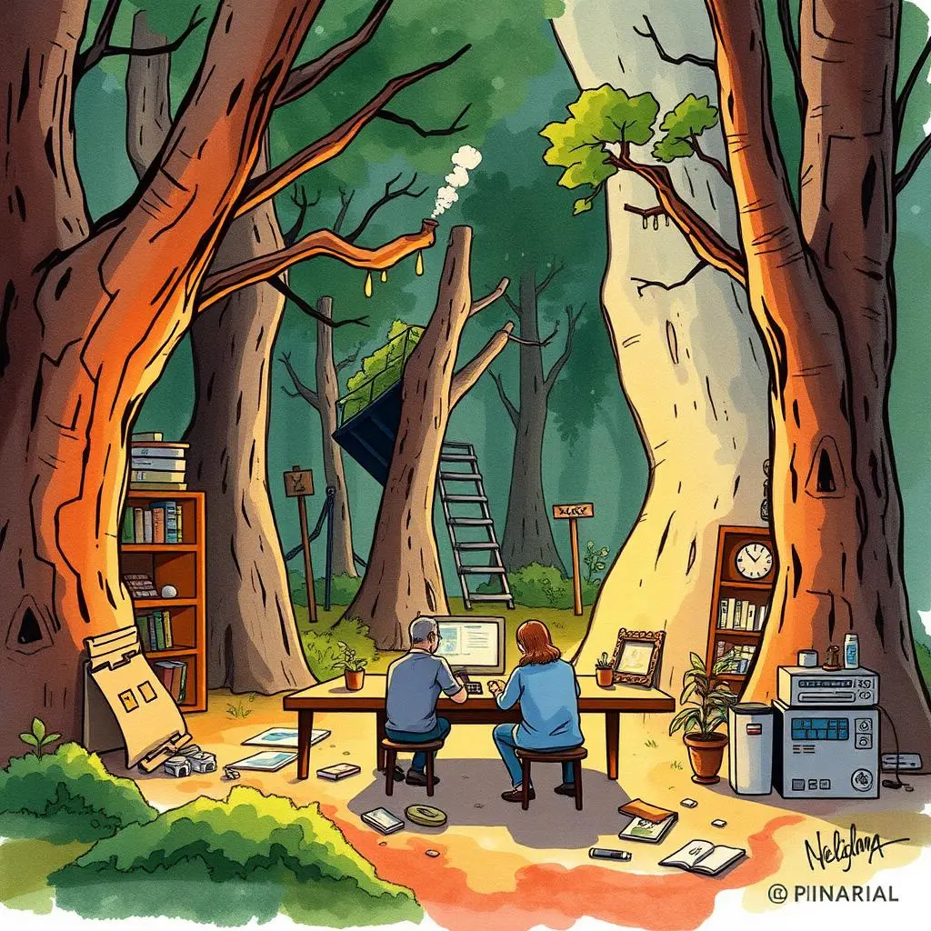 A serene woodland scene depicting two individuals collaborating on a computer at a rustic wooden table.