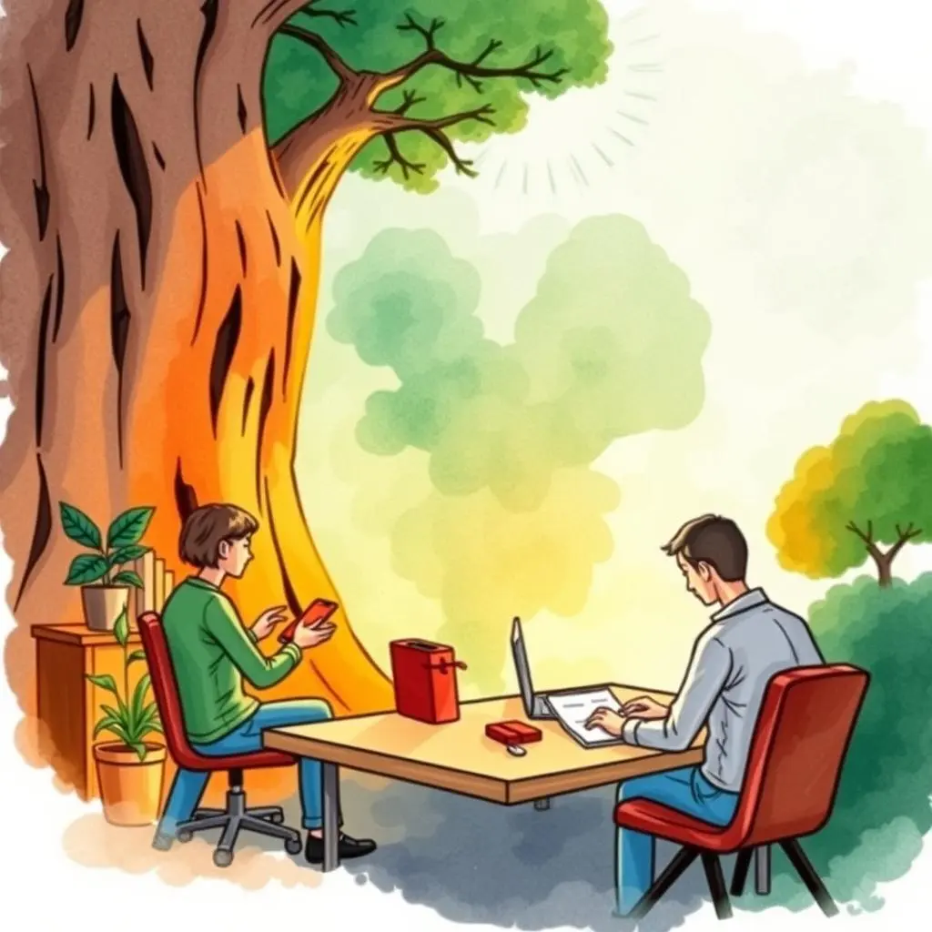 A collaborative workspace under a large tree with individuals discussing project risks.