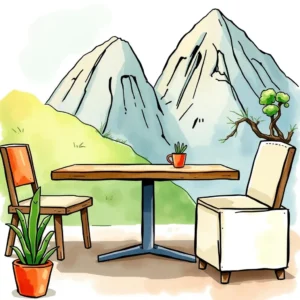 A cozy outdoor scene with a table, two chairs, and plants against a mountainous backdrop