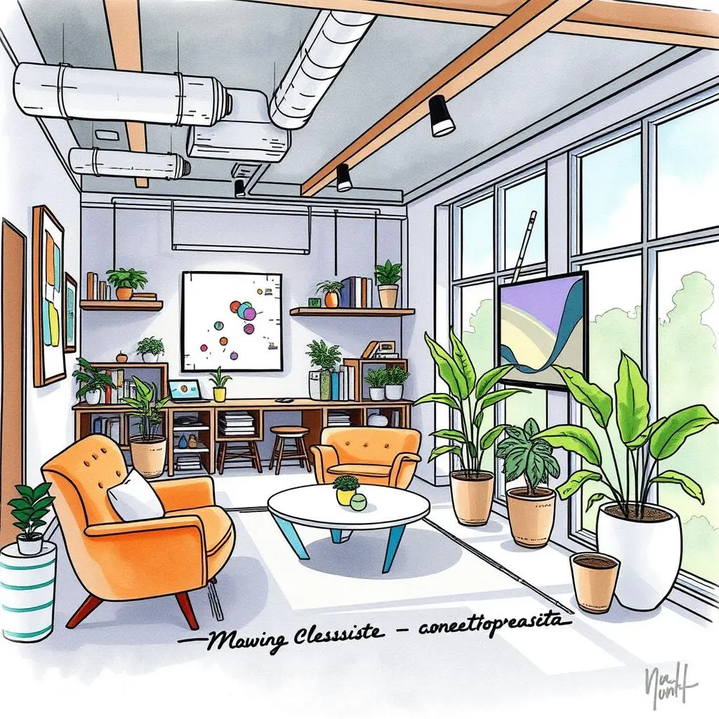 Cost breakdown builder: Develop detailed cost breakdowns for projects 1 Modern office space design featuring plants, seating, and a bright atmosphere.