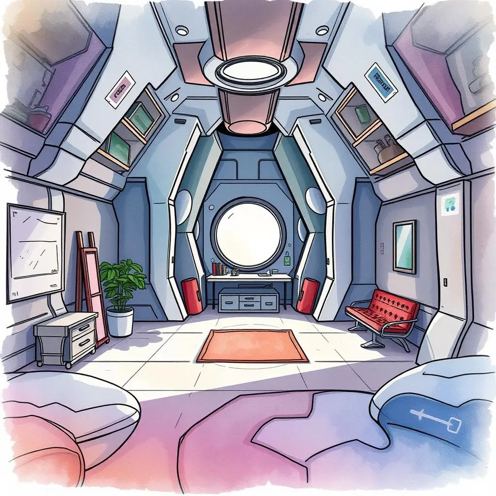 Final layout writer: Generate descriptive text for final layout designs 1 Modern space design interior featuring functional furniture and a circular window for light.