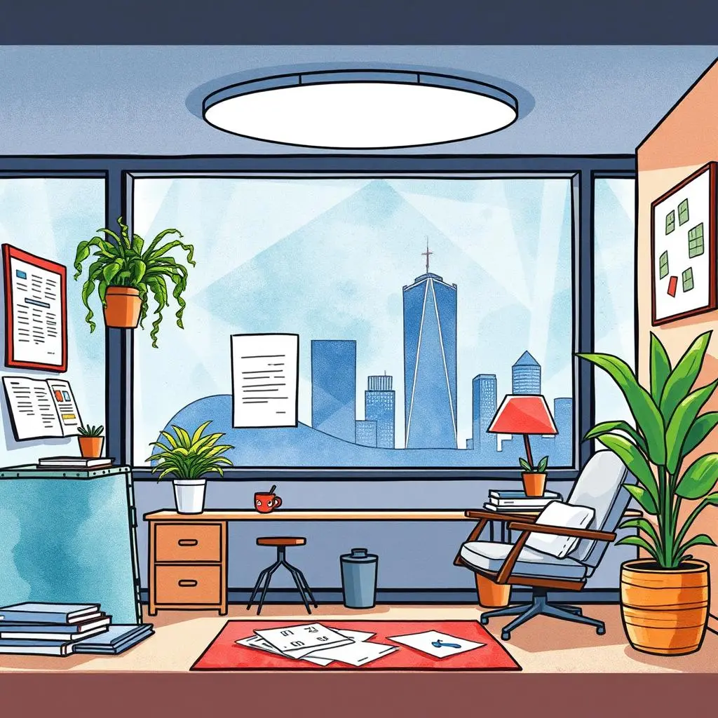 Financial planning assistant: Create financial plans for space design projects 1 A modern office interior showcasing a workspace for financial planning projects with city views.