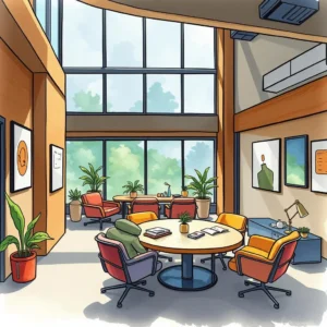 A modern, bright meeting space featuring diverse seating and greenery, ideal for collaboration.