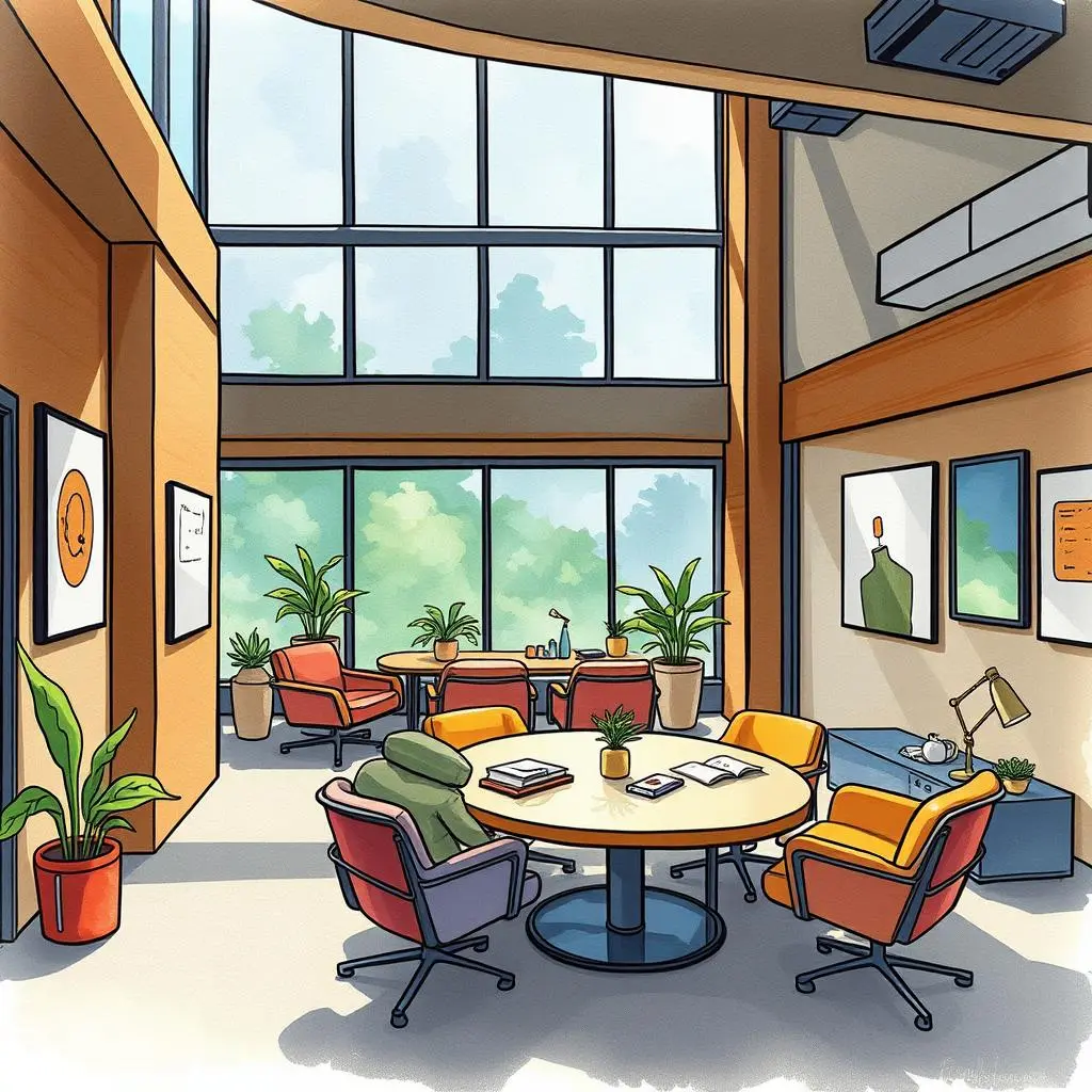 Participant input merger: Combine stakeholder comments into unified feedback 1 A modern, bright meeting space featuring diverse seating and greenery, ideal for collaboration.