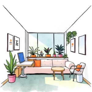 A modern workspace featuring plants, a desk, and seating, ideal for stakeholder engagement.