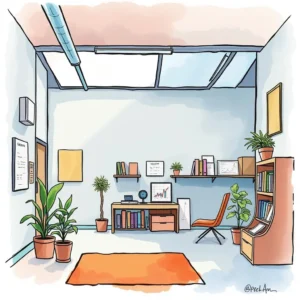 Facility space evaluator: Assess and summarize current facility space allocations 4 Illustration of a modern office space with plants and furniture.
