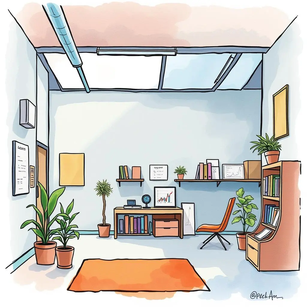 Facility space evaluator: Assess and summarize current facility space allocations 1 Illustration of a modern office space with plants and furniture.
