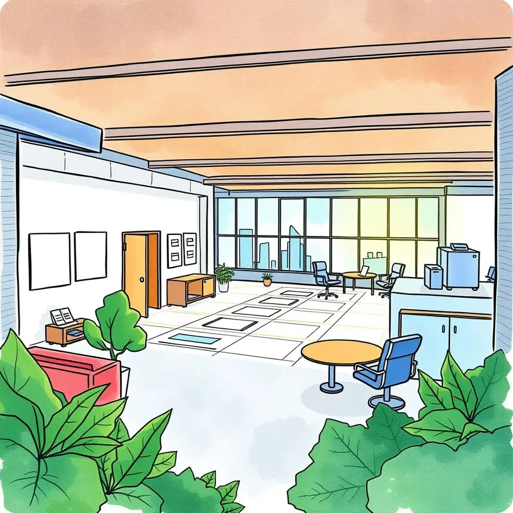 Project milestone mapper: Define and visualize key project milestones 1 A modern office space with plants, furniture, and large windows overlooking the city.