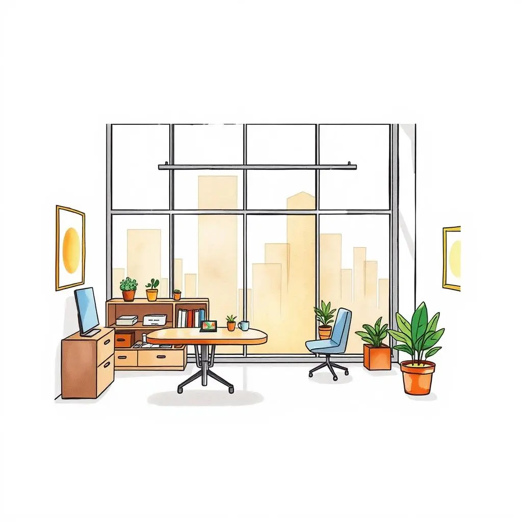 Continuous space use evaluator: Regularly assess utilization of available spaces 1 Modern office space with large windows and greenery for productivity.