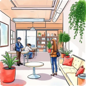 Modern office space showcasing collaboration and user feedback areas.
