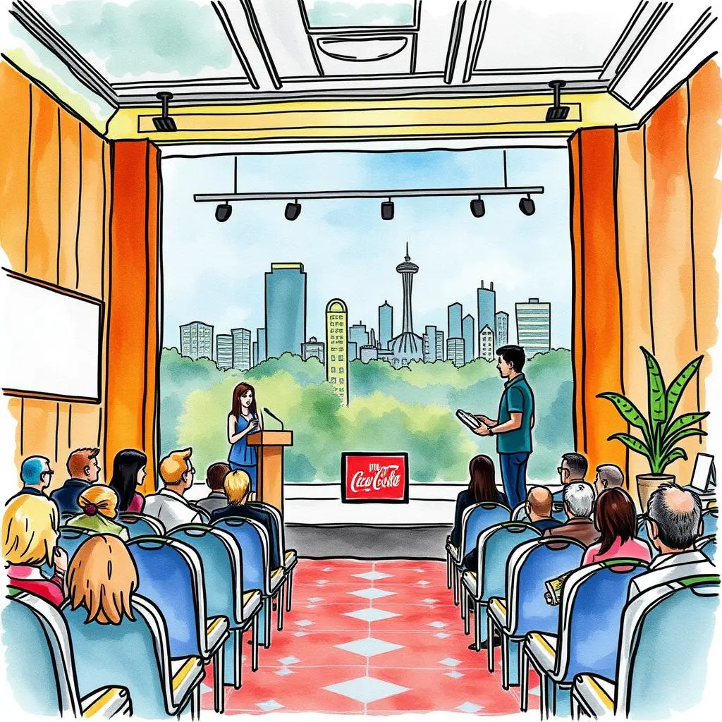 Event travel organizer: Design effective travel solutions for speakers 1 A lively event scene featuring a speaker at a podium with an audience in a city backdrop.