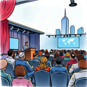 Engaged audience attending a conference with a speaker at podium.
