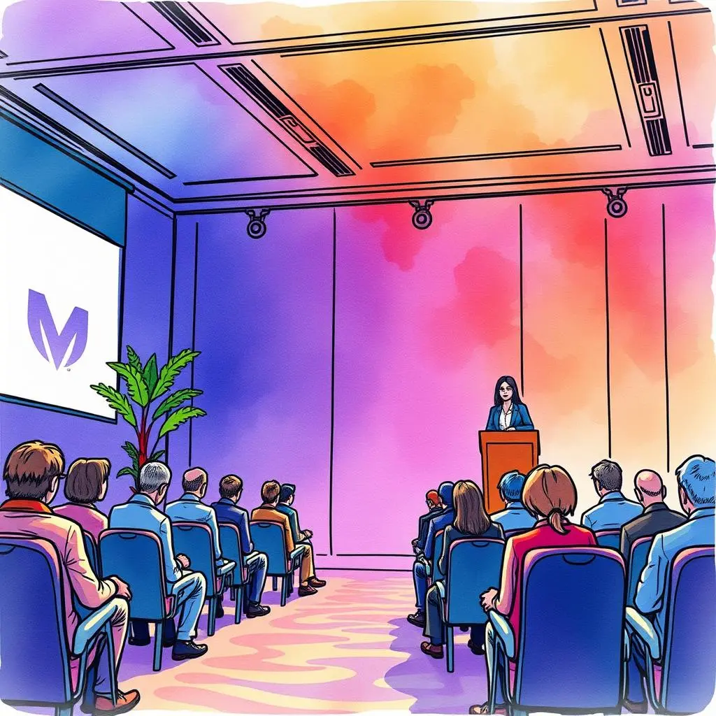 Speaker profile generator: Create summaries of speaker qualifications 1 A speaker presenting in a conference room with an audience.