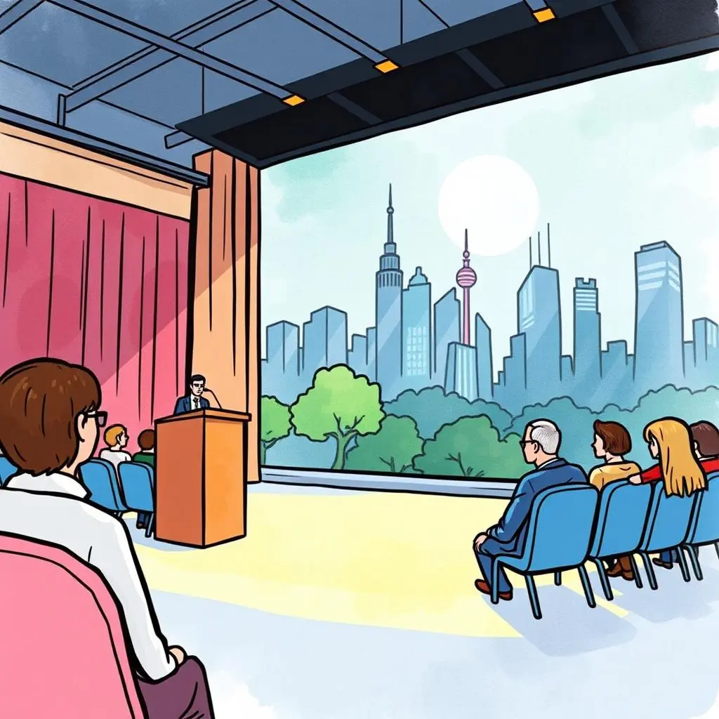 Speaker travel assistant: Simplify travel coordination for event speakers 1 Speaker travel coordination scene with a speaker presenting to an audience in front of a cityscape window.