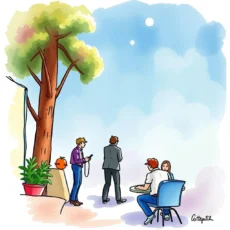 Marketing team discussing sponsorship strategies under a large tree.