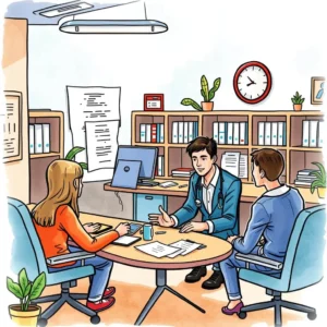 A team of three individuals engaged in a brainstorming session in an office.