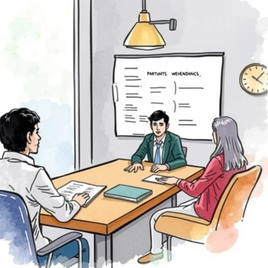 Agenda builder assistant: Create structured agendas for effective stakeholder meetings 1 A focused meeting scene with three professionals discussing agendas around a table.