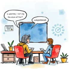 a humorous illustration of two people discussing unclear stakeholder comments in an office setting