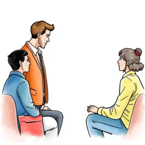 Three professionals engaged in a collaborative discussion about communication planning.