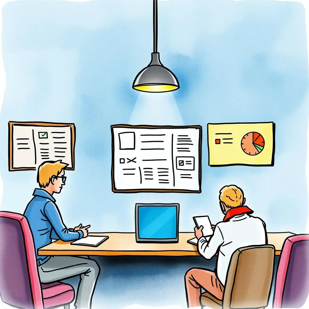Input evaluator: Analyze and summarize stakeholder inputs 1 Two professionals analyze stakeholder input on a collaborative workspace with charts and documents.