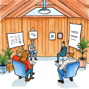 Illustration of a feedback session with stakeholders discussing responses.