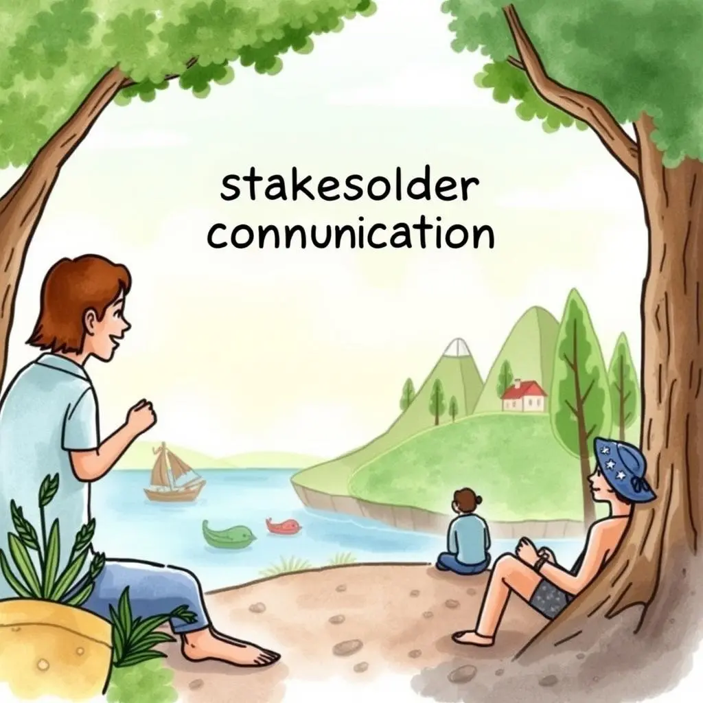 Stakeholder sentiment evaluator: Assess sentiment in stakeholder communications 1 stakeholder communication scene with individuals engaged in conversation by a serene lakeside